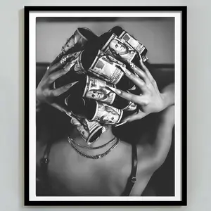 Black Woman With Money On Head Print, Black And White, Luxury Trendy Fashion Wall Art, Hypebeast & Maximalist Room Decor, No Frame Poster Prints, Home Decoration