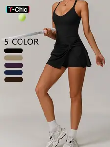 Women's Solid Color Casual Sporty Dress, Fashion Cross Back Design, Perfect for Fitness Yoga Running Tennis and Leisure Wear, Tennis Sports Dress, Tennis Athletic Dress, Active Dresses, Workout Dress