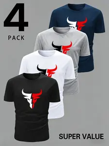 4-Pack Bull Totem Print Round Neck Short Sleeve T-Shirts, Casual Streetwear for Men, Quick-Dry Breathable Fabric, Unisex Fashion