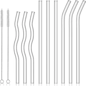 9 count  Glass Straws Shatter Resistant 10''x8mm 3 Straight and 3 Bent Straws 8''x8mm 3 Wavy Smoothie Sucker High Borosilicate Clear Dishwasher Safe and 2 Clean Brush (Clear, 11 count)