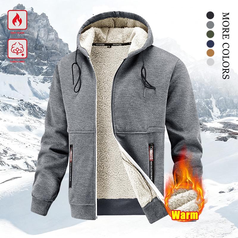 Men's Winter Fleece Hoodie – Thick, warm jacket with an adjustable drawstring hood, ribbed cuffs, and zippered front; perfect for outdoor hikes, jogging, fishing, gym workouts, or casual wear; fleece lining provides wind protection