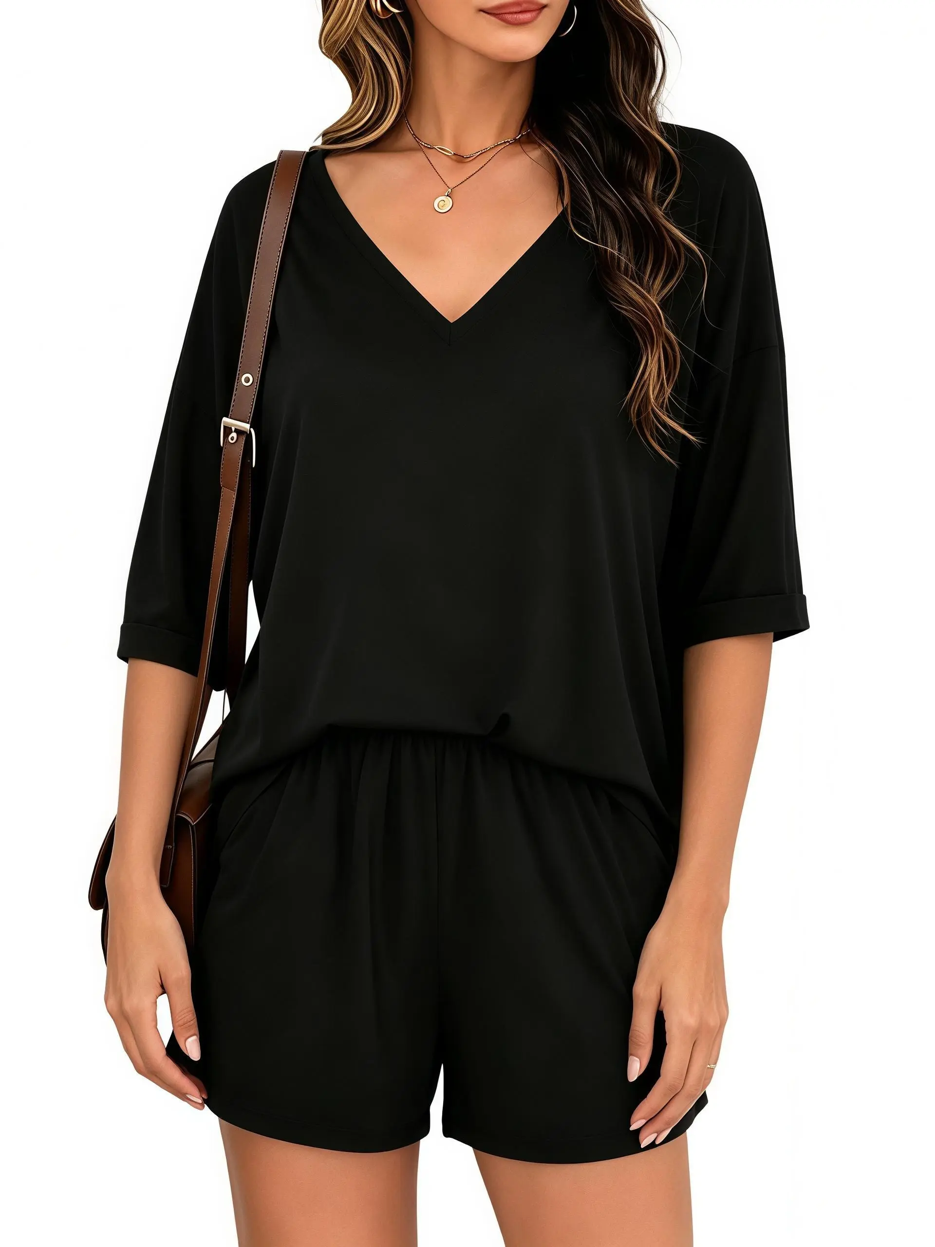Women Casual 2 Piece Outfit V Neck Top Pocket Shorts Loungewear Set