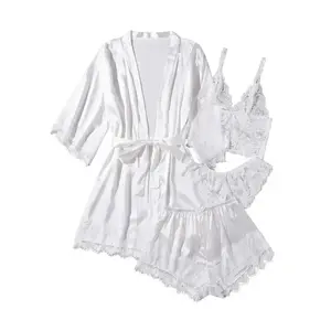 Women' Silk Satin Pajamas Set 4pcs Lingerie Floral Lace Cami Sleepwear with Robe