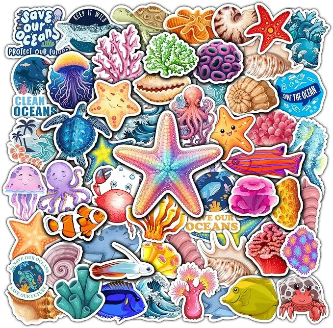 Pack 50 PCS Ocean Animals Stickers Cute Cartoon Octopus Fish Shrimp Seahorse Vinyl Decals Waterproof Decorations Patches Bumper Water Bottles Laptop Bicycle Notebook for Kids Teens