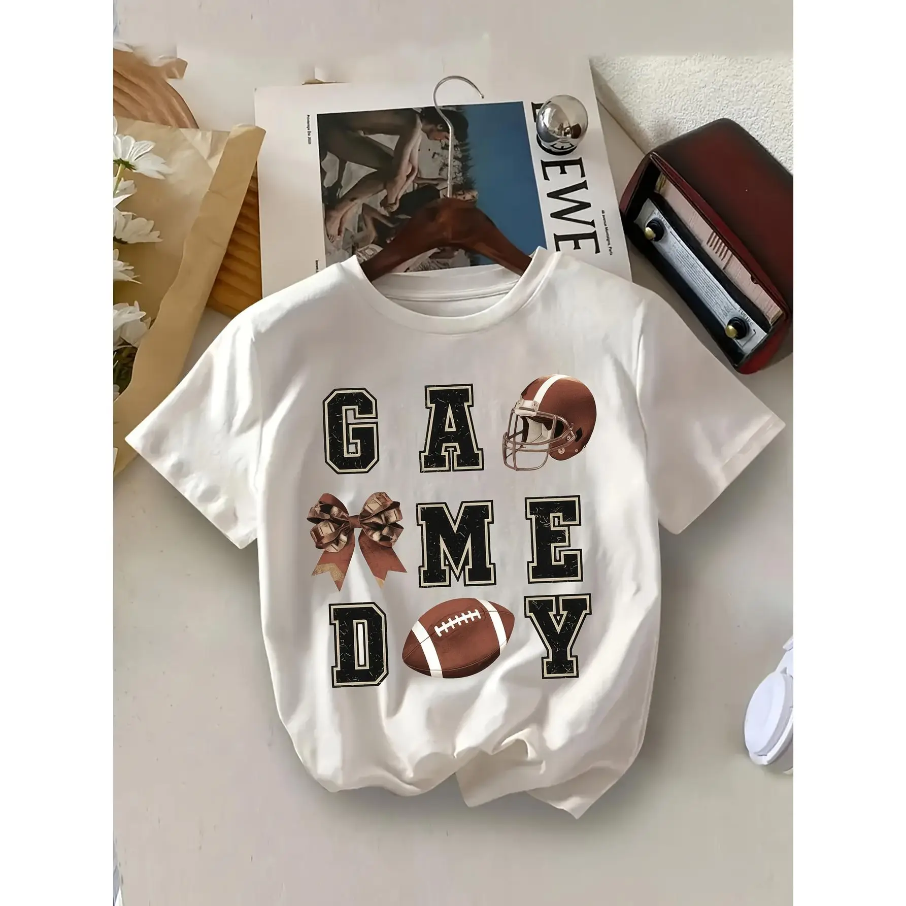 Girls' Game Day Football Helmet Bowknot Pattern T-Shirt- White with Black Letters, Soft Breathable Fabric, Easy to Care for Machine Washable, Casual S