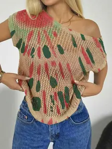 Spring Summer Women's Beach Vacation Style Asymmetric Neck Shoulder Reveal Batwing Sleeve Semi-Transparent Lace, Tie Dye Print Knit Top Womenswear Casual Drop Shoulder