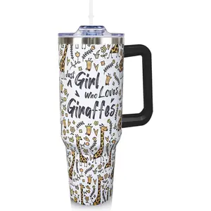 Giraffe 40 Oz Tumbler With Handle and Straw - Water Bottle Drinking Glass, Gift for Women Girls Birthday, Giraffe Lovers Accessories