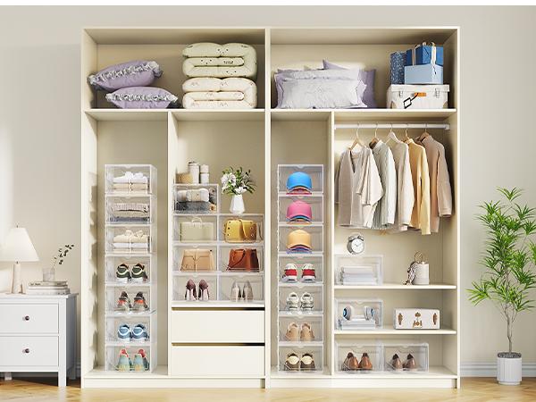 BROVIEW S6 XX-Large Shoe Sneaker Storage Boxes for Size 14, Stackable & Thicken Clear Plastic Shoe Organizers 6/8/12/15 Packs for Entryway Closet Under Bed, Shoe Storage Cabinets Container Display Case w/ Magnetic Door