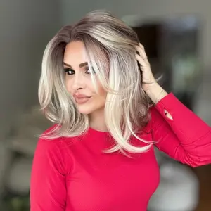 A62 by AISOM Free Part Natural Bob Cut 13 inches Bright Blonde with Brown Blend Synthetic Lace Wig for Daily Wear Short Wig Natural Looking