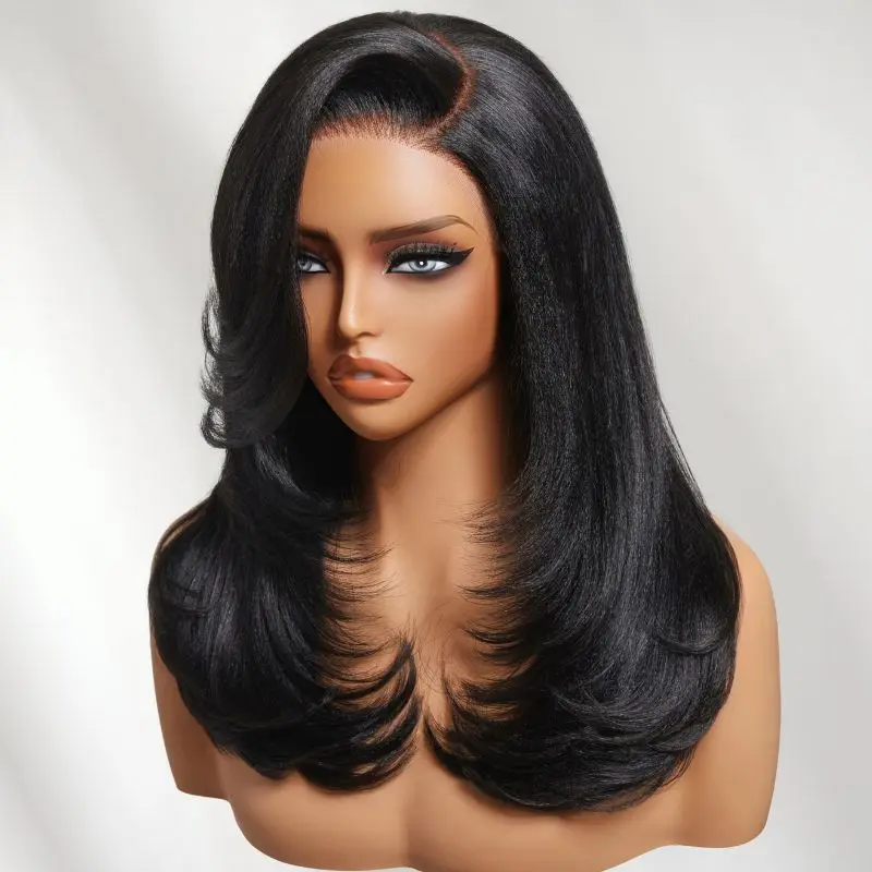 UNICE Long Yaki Straight Human Hair Wig with Blowout Feathered Layers, 7x5 Bye-Bye Knots Lace Pre-Side-Part for Women, Wigs Human Hair, Long Wig