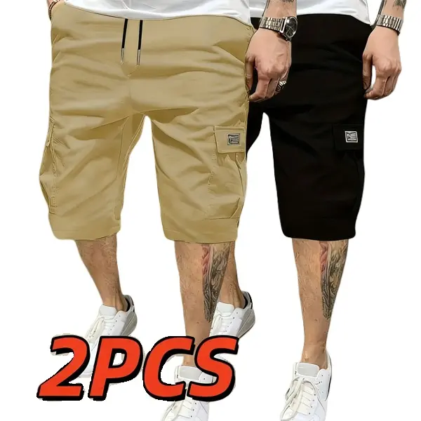 Men's 2-Pack Polyester Cargo Shorts Backup Set - Khaki Menswear Workwear Clothes, Multi-Pocket, Adjustable Waist, Custom Fabric, Ideal for Hikers, Fitness, Outdoor Hiking