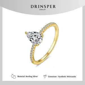 Drinsper Solitaire Pear-Cut S925 1.0ct DVVS Synthetic Moissanite 18K Gold-Plated Sterling Silver Ring for Women Girls Versatile Simple Elegant Style Suitable for Daily Wearing Chrisamas Jewelry Gift for Girlfriend Mom
