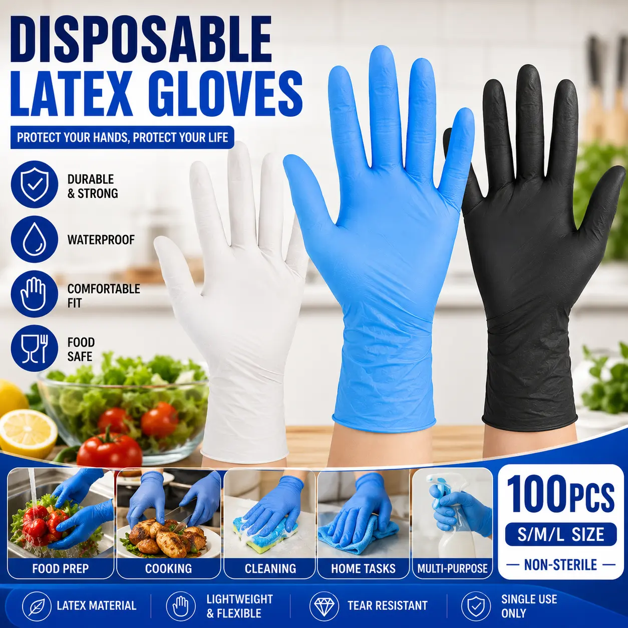 Food Grade Disposable Latex Rubber Gloves, Heavy Duty Waterproof Durable Disposable Gloves, Ideal for Kitchen, Catering, Cooking, Household Cleaning