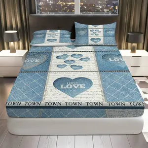 3Pcs Heart Love Script Fitted Sheet Three Piece Set (1*Fitted Sheet+2*Pillowcases, Coreless), Valentine's theme, Love Pattern Bedding Set, Mattress Protector Soft, Breathable