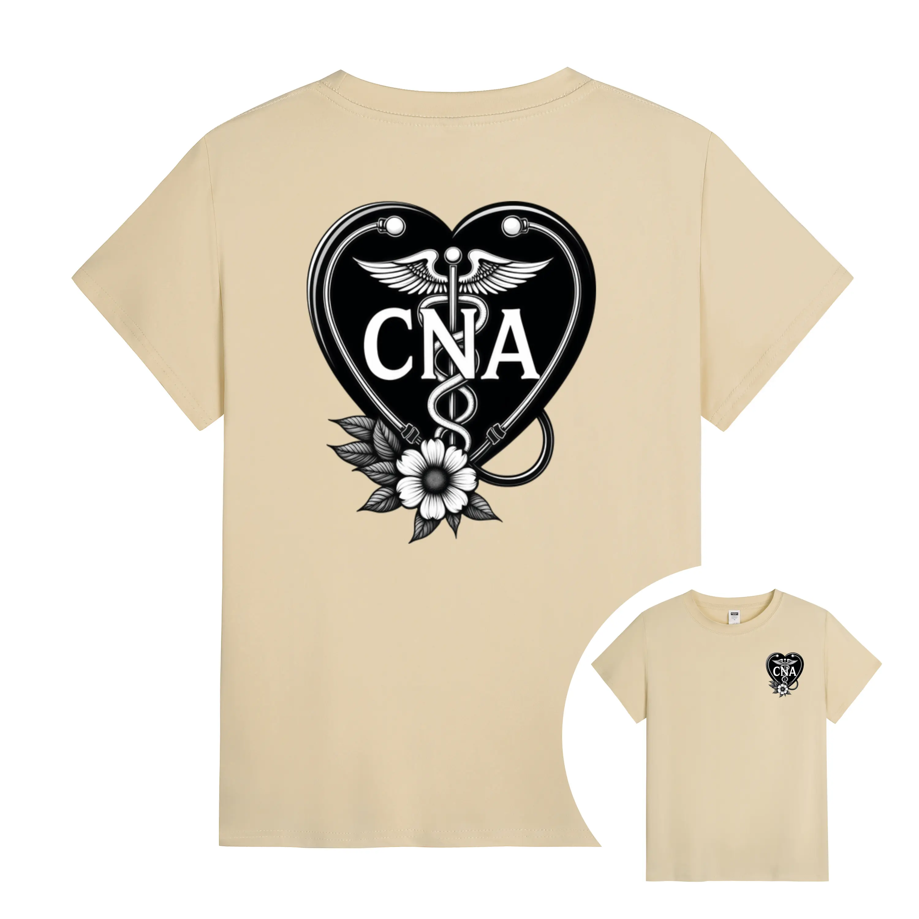 Certified Nursing Assistant Medical T-Shirt – Double-Sided Heart and Stethoscope Graphic, Soft Milk Silk Fabric, Casual Short Sleeve Tee for Healthcare Workers