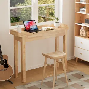 39.4” x 11.8” Solid Wood Desk with Back Panel, Narrow Console Table, Modern Minimalist Study & Workstation for Home Office, Natural Finish