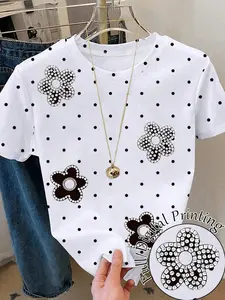 Polka Dot Rhinestone Flower Print Short Sleeve T-Shirt Top Everyday, Korean Sweet Aesthetic Style, Full Polka Dot + Imitation Diamond Flowers, Breathable Daily Wear
