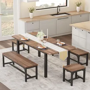 Walnut 63" Extendable 5-Pc Dining Set for 4-6 - Space-Saving Table with Benches & Stools, Kitchen/Dining Room
