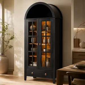 POUUIN 71'' Tall Arched Wood Kitchen Pantry with Glass Doors, Rechargeable Magnetic LED Motion Sensor Lights, Modern Minimalist & Light Luxury Style, Perfect for Living Room/Kitchen/Home Office/Game/Toy Room, Safe Storage Cabine Freestanding Wood Cupboard