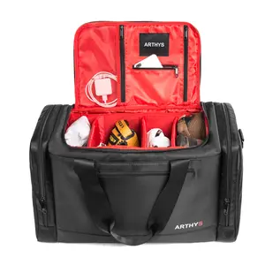 PREMIUM Sneaker Bag, Duffel Bag, Gym Training Bag, Travel Bag, Basketball Bag, Footbal Bag with 3 adjustable compartment dividers (Black/Red)