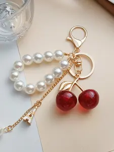 Pearl Cherry Keychain, Fashionable Car Key Ring, Elegant Bag Charm, Stylish Accessory, Pearl String Design, Perfect Gift Idea