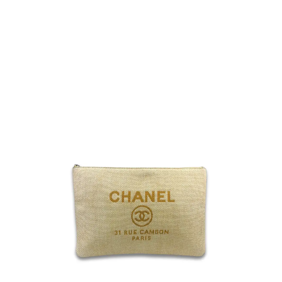 Pre-owned CHANEL raffia Small Leather Goods Canvas Deauville Zipper Pouch
