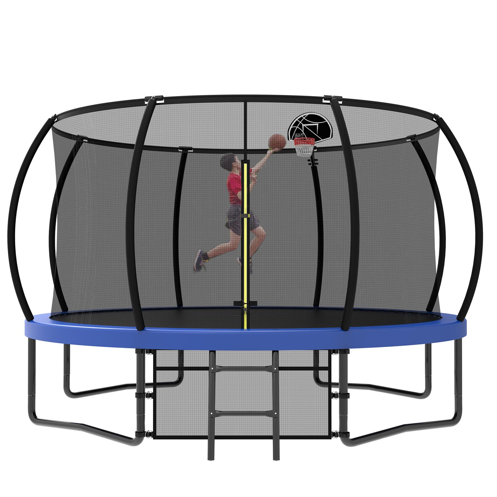 Dufominc 10/12FT Pumpkin Trampoline Outdoor with Basketball Hoop Enclosure Net & Ladder for Kids Fun Play Certified Safe ASTM F381-16 F2225-15 CPSIA Durable Materials UV Resistance Easy Installation