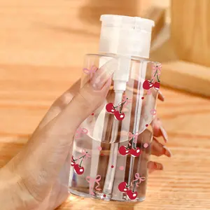 Pink Cherry Bow Pattern Clear PET Refillable Travel Bottle, Makeup Remover Dispenser, Makeup Container, with 5.07oz/6.76oz/10.14 Portable Pump Dispenser for Nail Polish Remover, Toner, Dome Design, Hand Wash Only, Reusable