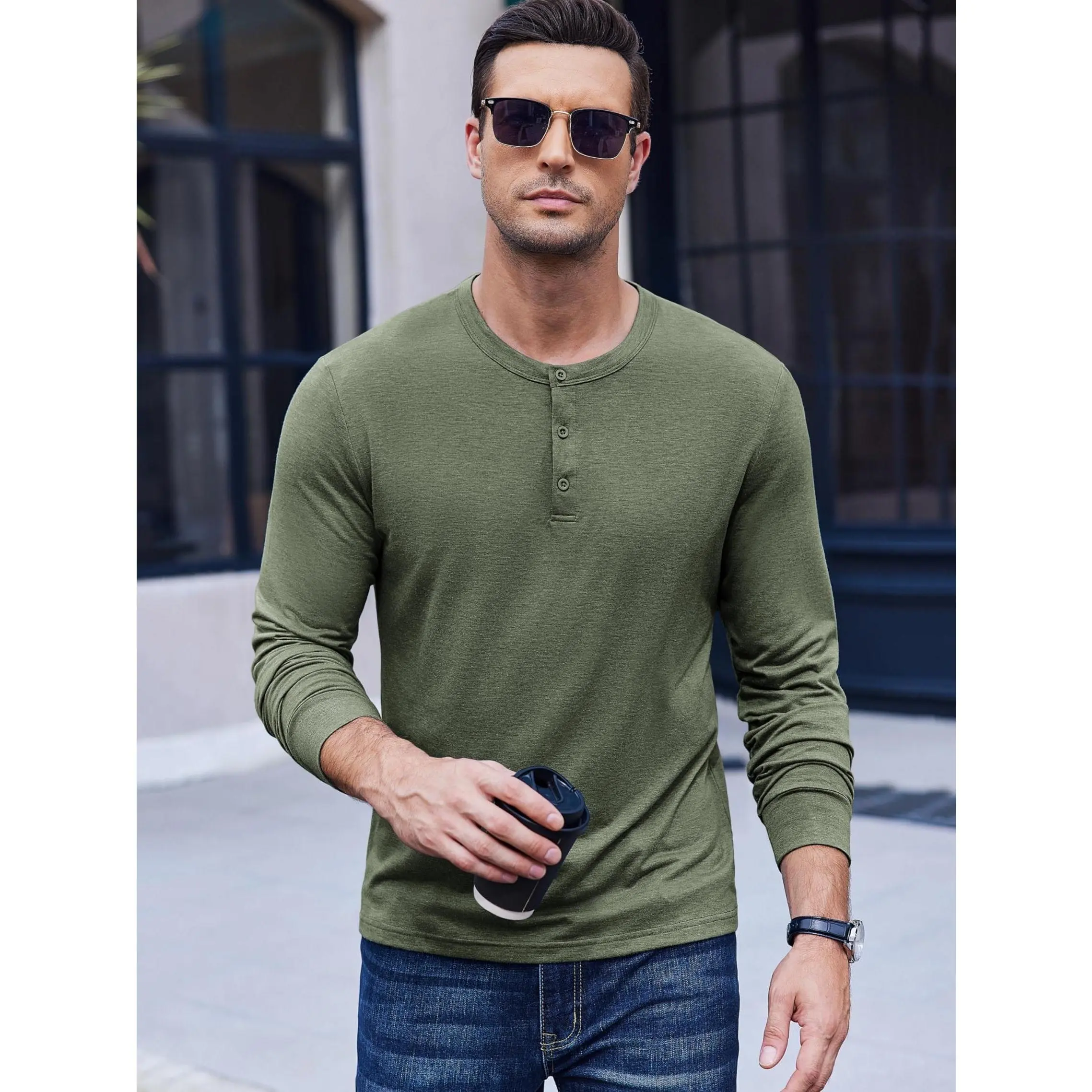 COOFANDY Men's Fashion Slim Fit Longsleeves Henley Tshirt - Spandex, Soft Stretch, Lightweight Casual Pullover, Basic Fall Tops, Classic, Fabric, Elegant, Menswear, Formal, Classy, Stretchy, T-Shirt, Outdoor, Tee, Button Front, Round Neck, Grandson, Busin