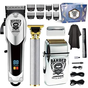 Professional Men's Hair Clipper Set, Silver Color, High Power Electric Shaver, USB Fast Charging, Battery Display, Portable Storage Box, Barber Hair Clippers