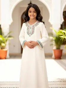 Girls' Muslim Style Modest Long Robe Dress, Embroidered Collar and Cuffs, Long Sleeve Loose Fit, Soft and Drapey, Modesty, Perfect for Ramadan and Festivals