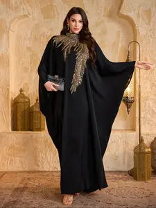 Elegant Chic Women's High Neck Batwing Sleeve Sequin Patchwork Smooth Silk Satin Dress, Slim Fit Formal Evening Gown for Special Occasions