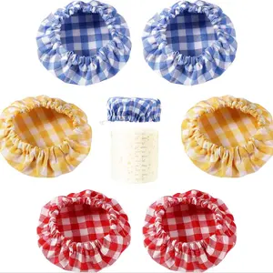 6pcs Jar Cloth Covers, Plaid Cloth Jar Covers Elastic Unbleached Cloth lid Reusable Sourdough Starter Bowl Cover Dough Basket Cover Preserving Lids for 3-4 Inch Jar Mouth Baking Supplies