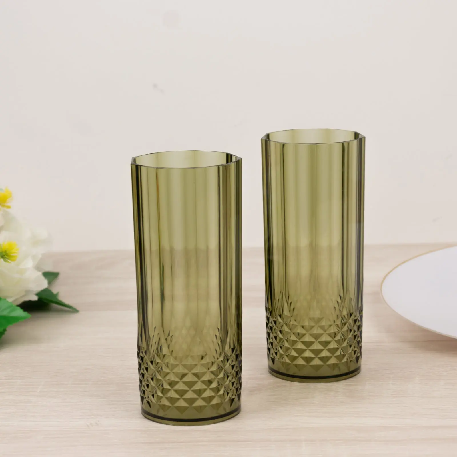 6-Pack Dusty Sage Green Crystal Cut Transparent Plastic Highball Glasses - 14oz Shatterproof Tall Cocktail Tumblers, Crystal Glassware, Durable Drinkware for Dining, Party, Wedding, Birthday Gift Option
