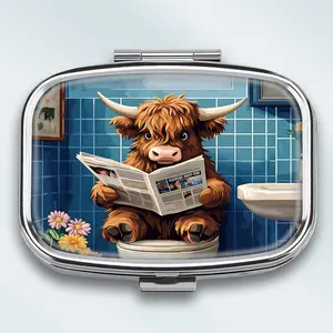 Portable Metal Medicine Box, Cow Theme, 2 Compartment, Food Grade Vitamin Organizer, Healthcare, Travel Friendly, Handheld Decor Gift, Lightweight Design