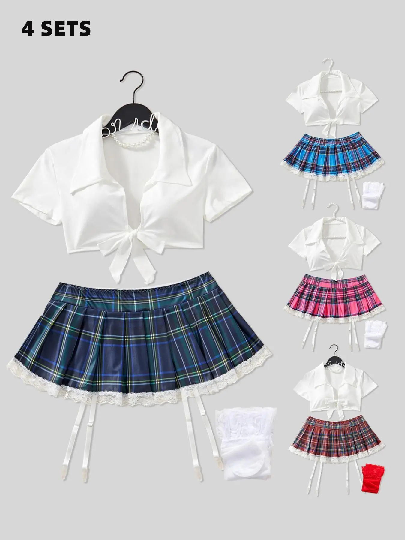 Women's Plaid Print Bow Decor Crop Top & Mini Skirt Sexy School Costume Set, Party Costume, costume for parties, Cosplays, Sexy Lingerie Set for Women, Women's Lingerie & Underwear for All Seasons, Womenswear, Shoujo Anime Outfit