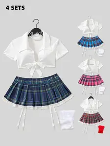 Women's Plaid Print Bow Decor Crop Top & Mini Skirt Sexy School Costume Set, Cosplays, Sexy Lingerie Set for Women, Women's Lingerie & Underwear for All Seasons, Womenswear