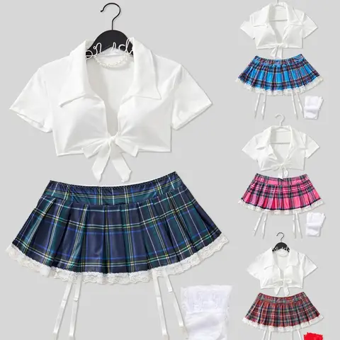 Women's Plaid Print Bow Decor Crop Top & Mini Skirt Sexy School Costume Set, Party Costume, costume for parties, Cosplays, Sexy Lingerie Set for Women, Women's Lingerie & Underwear for All Seasons, Womenswear, Shoujo Anime Outfit