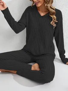 Women's V-Neck Long Sleeve Sweater & Slim Fit Pants Set, Soft Knitted Top + Elastic Waist Long Pant, Casual Fall Winter Womenswear