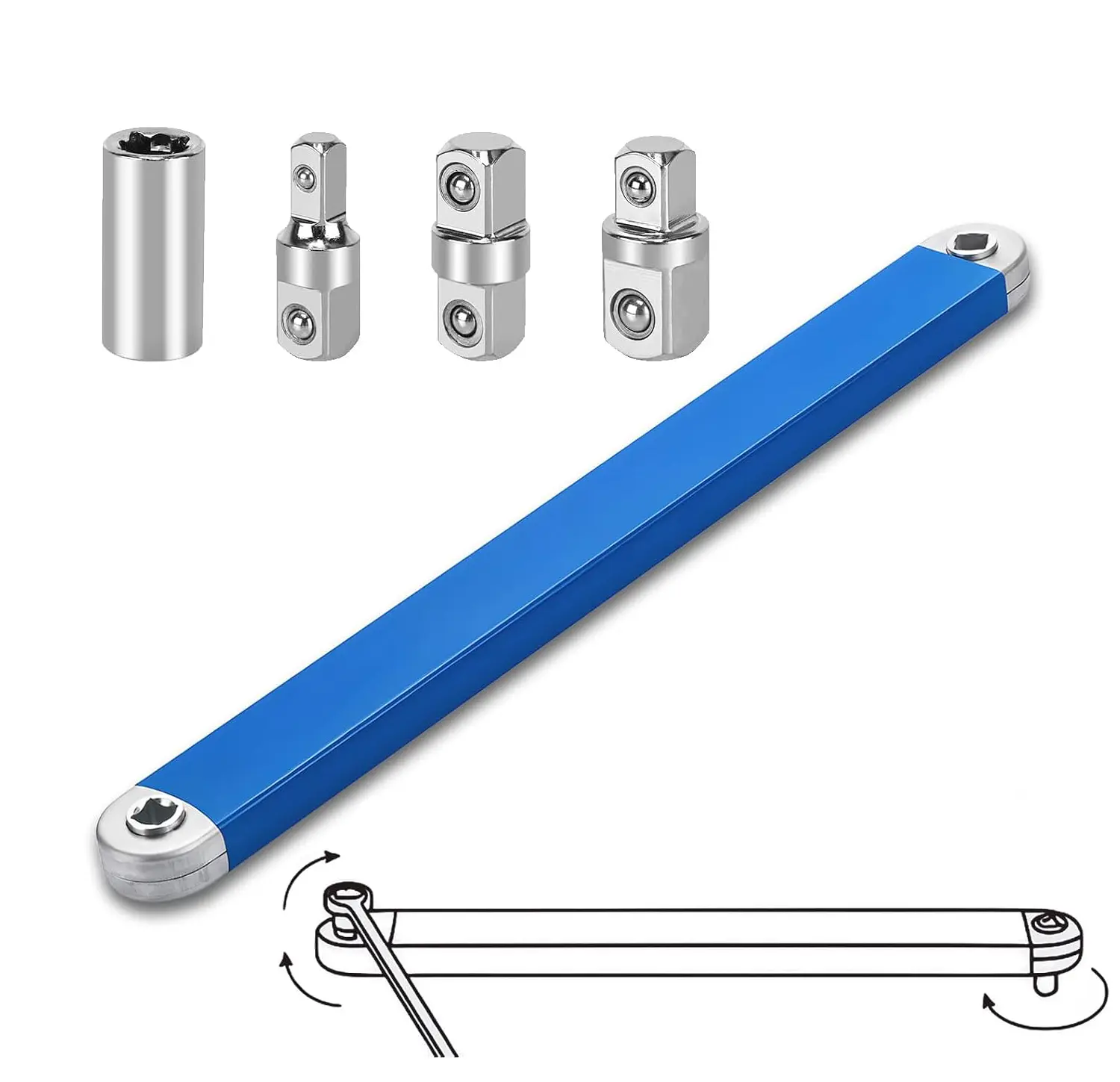 Offset Extension Wrench Set, 15-Inch Impact-Ready Socket Wrench Extender with 1/2", 1/4", 3/8" Square Drives & High-Carbon Steel Adapters, 0-Degree Ratchet Tool for Car Tight Spaces (1 Set)
