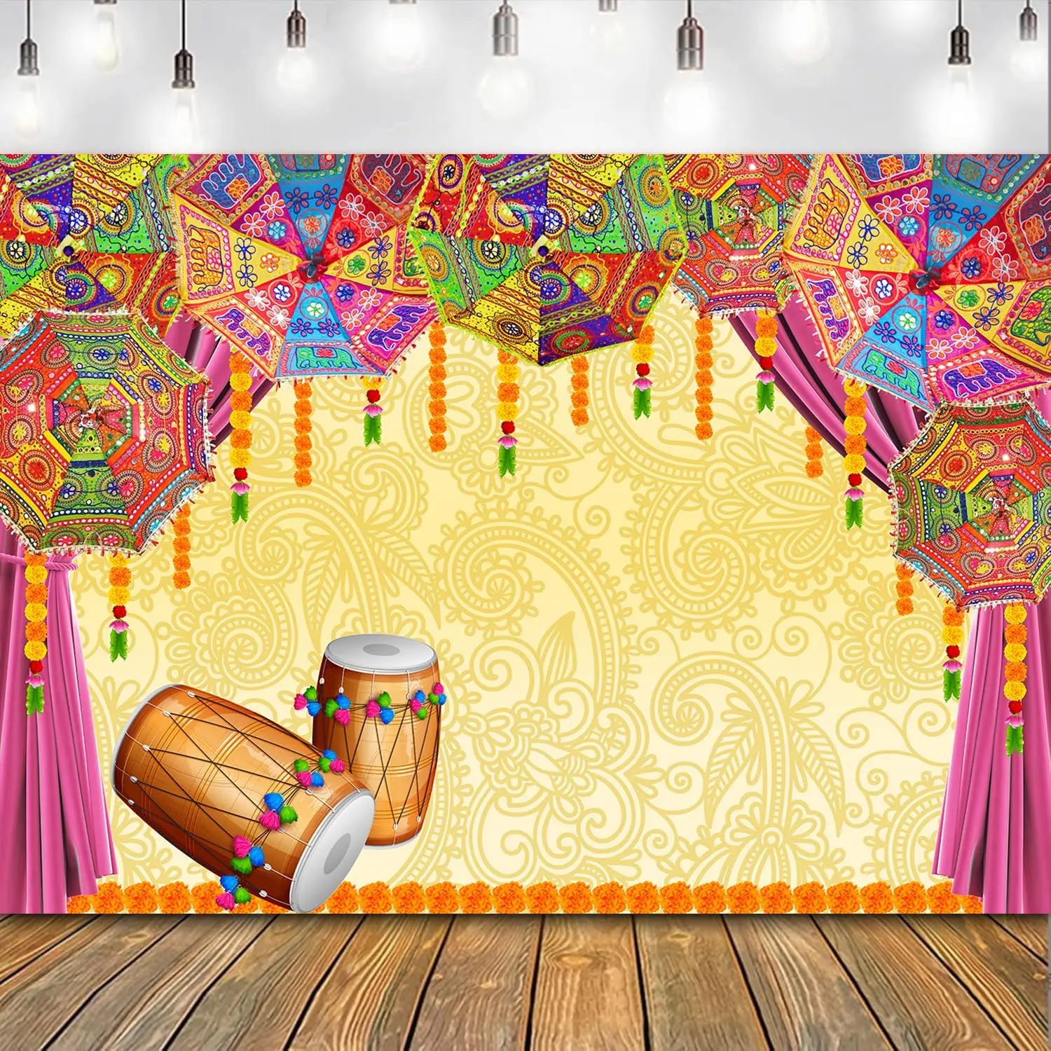 Indian Pooja Traditional Wedding Backdrop Orange Flower Marigold Hindu Traditional Festival Background Curtain Umbrella Bridal Shower Party Ceremony Photo Studio Props
