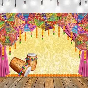 Indian Pooja Traditional Wedding Backdrop Orange Flower Marigold Hindu Traditional Festival Background Curtain Umbrella Bridal Shower Party Ceremony Photo Studio Props