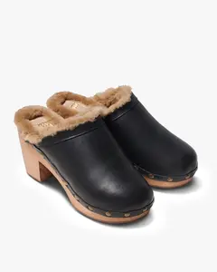 beek WOODPECKER SHEARLING Black Clogs for Women - Round Toe, Slip On, Shearling Lined, Wooden Sole, Vegetable-Tanned Leather, Comfortable Walking Shoes, Classics