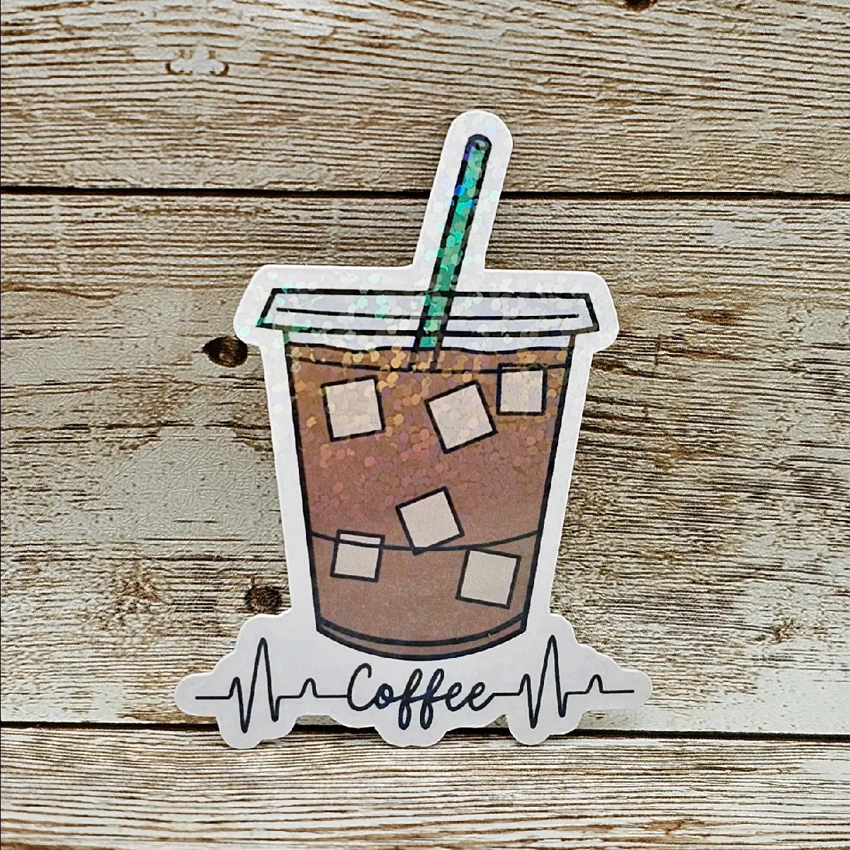 Heartbeat Coffee Tumbler Sticker, Holographic Coffee Vinyl Decal, Coffee Lover Sticker, Sparkly Vinyl Glitter Sticker