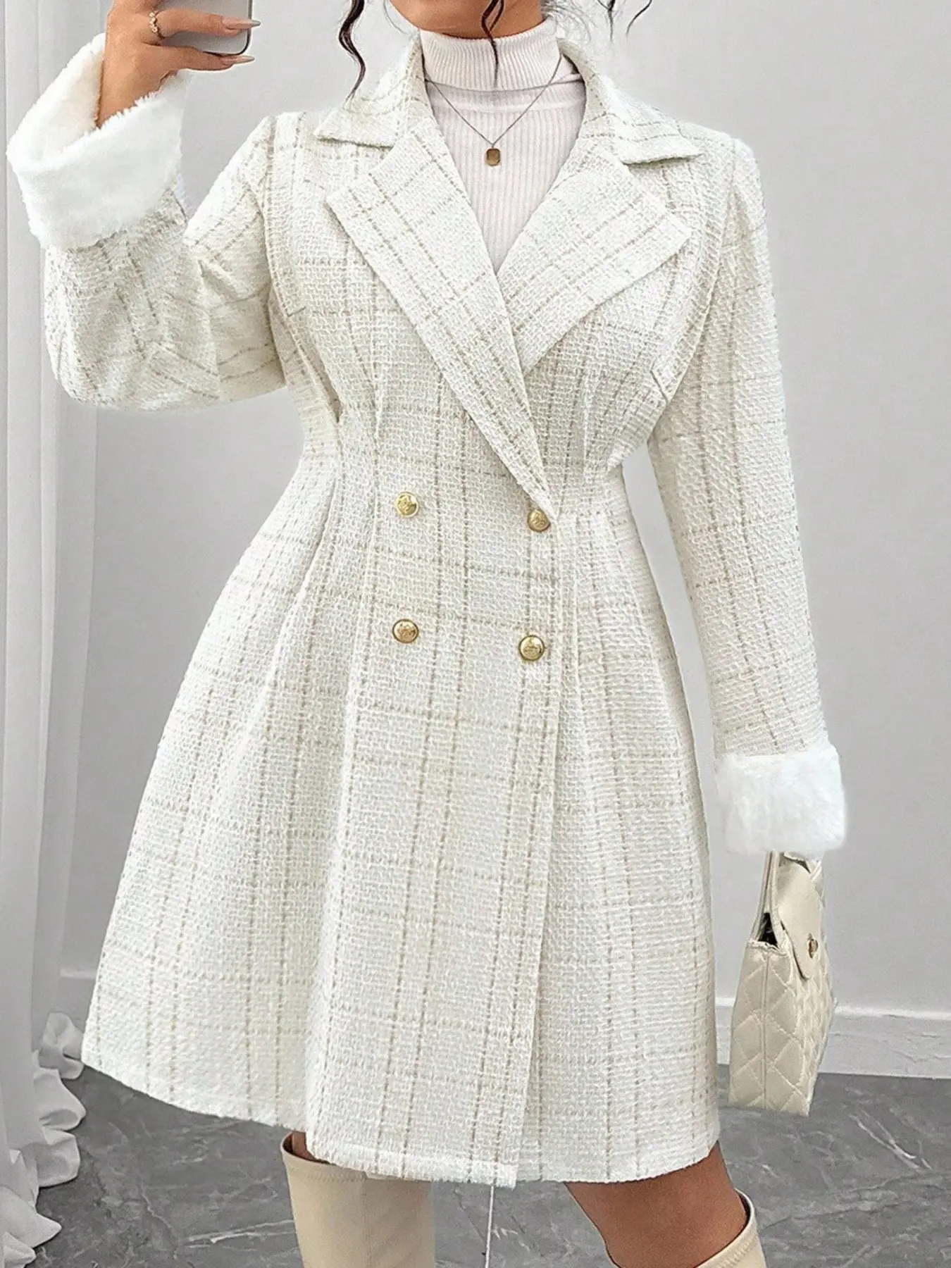 n*o様 Euro Vintage Tweed Coat Double Brea Elegant Women's Vintage Style Tweed Coat, Large Size Fashionable