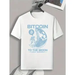 BITCOIN TO THE MOON Letter Print Men's Crew Neck Short Sleeve Tees, Casual T-shirt, Summer Trendy Comfortable Lightweight Top For Outdoor Sports