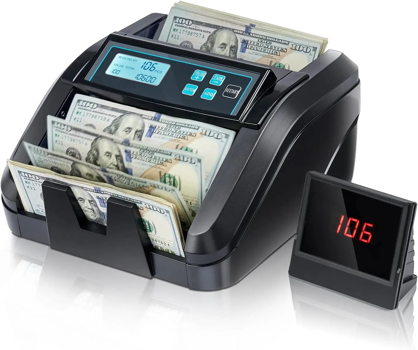 Money Counter Machine Count Value, Add+Batch/Add+ Value Mode Bill Counter, UV/MG/IR/MT Detection, USD only Cash Counter,1100 Bills/min, Money Counting Machine with LCD Display (Black)