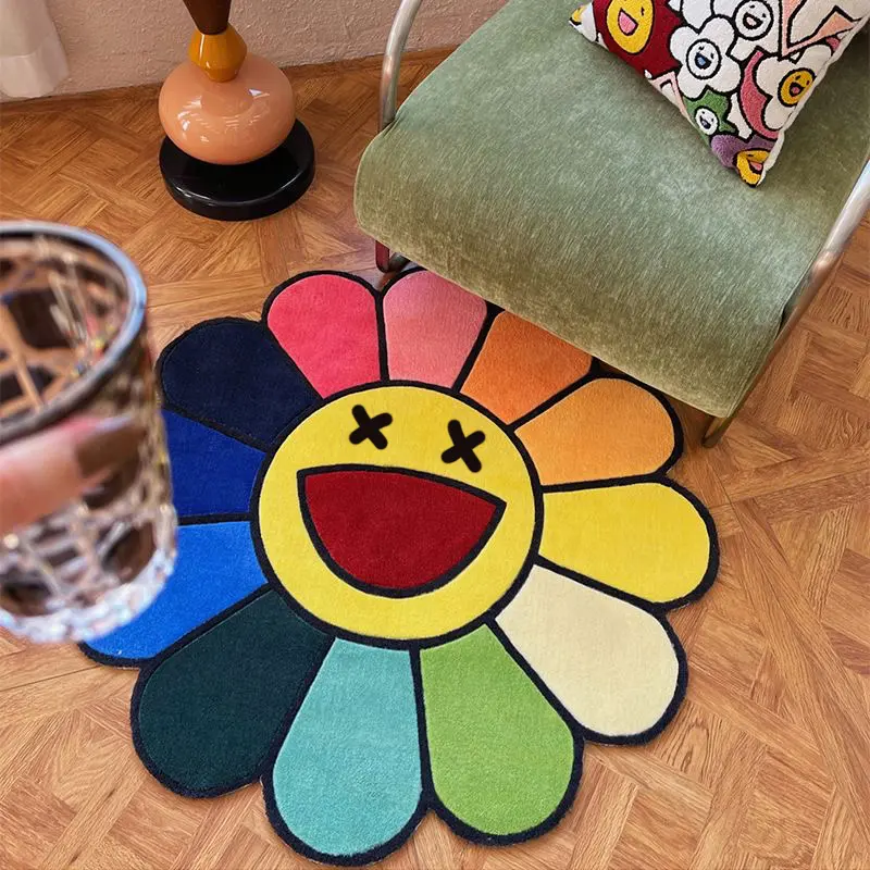 Sunflower Shaped Decorative Carpet, Soft Non-Slip Washable Decorative Area Rug for Living Room Bedroom, Unique Floral Pattern Floor Mat, Flower Pattern Rugs, Home Decorative Rug, Machine Washable Rug