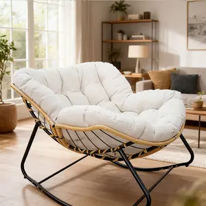 Outdoor Rocking Chair, Patio Egg Rocking Chair, Indoor Papasan Chair, Rattan Wicker Lounge Chair, Modern Royal Chair for Bedroom, Living Room, Porch, Garden,Lawn-Beige
