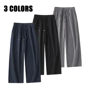 Men’s bubble fabric casual wide-leg pants with a 3D diamond pattern; drapey straight-leg design; lightweight, breathable fabric; drawstring elastic waistband; suitable for everyday wear, commuting, and beachwear; relaxed long pants. summerwins